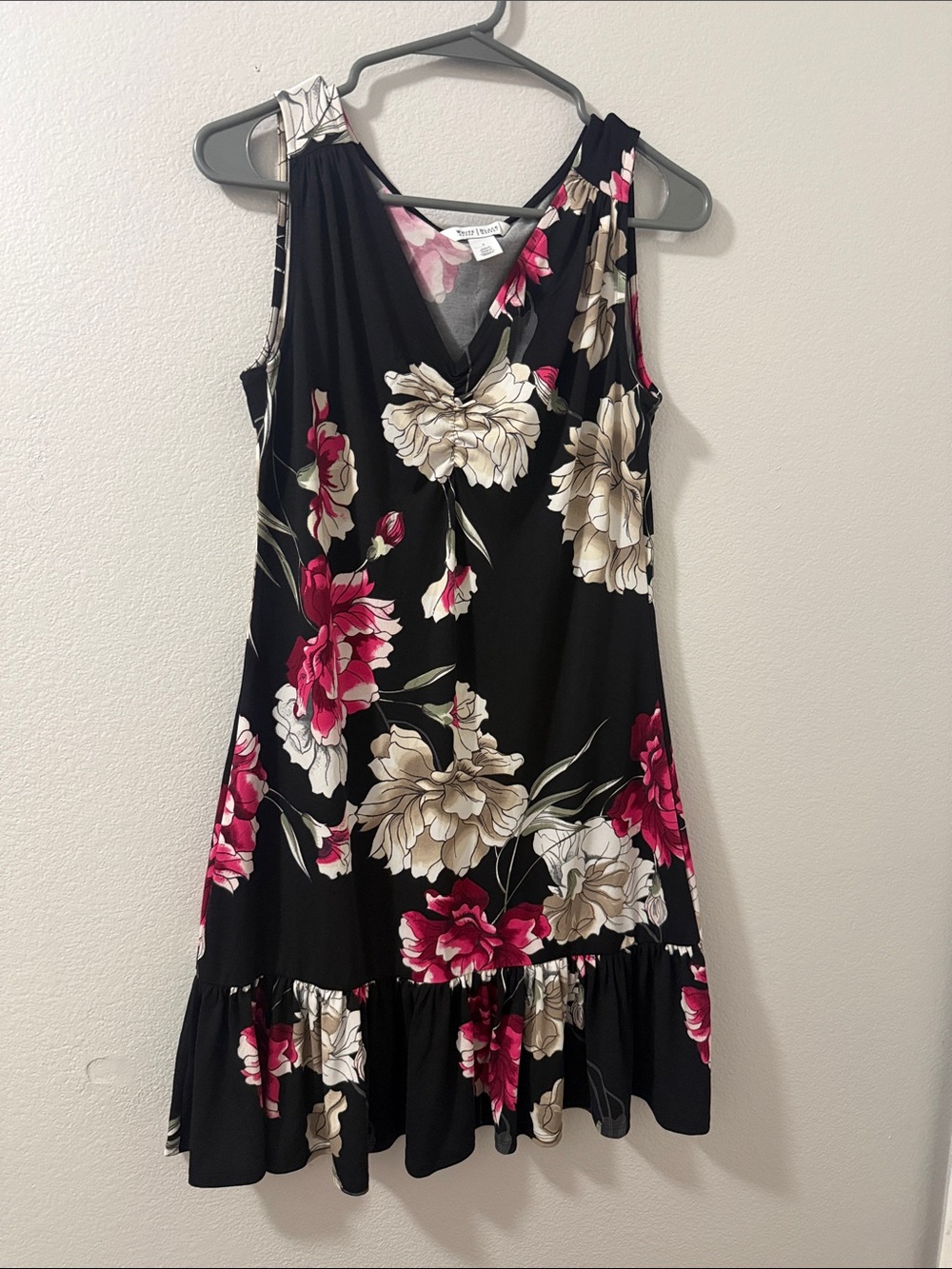White House Black Market Black Floral V-Neck Ruffle Hem Mini Dress